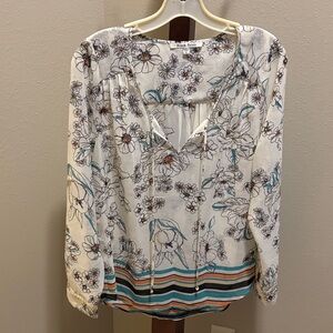 Black Rainn White Floral Blouse with Teal and Orange Accents